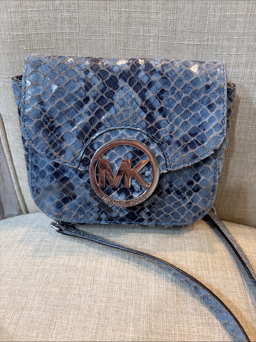 Michael Kors Fulton Blue Python Snakeskin Crossbody with Logo Medallion